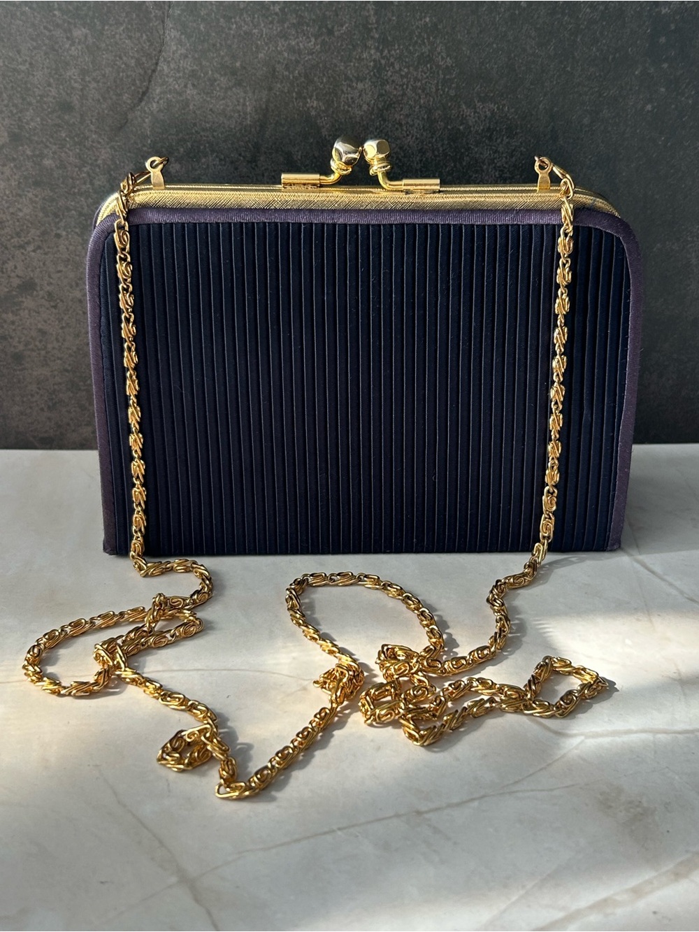 Vintage Sasha Navy Pleated Frame Clutch with Gold Chain Strap